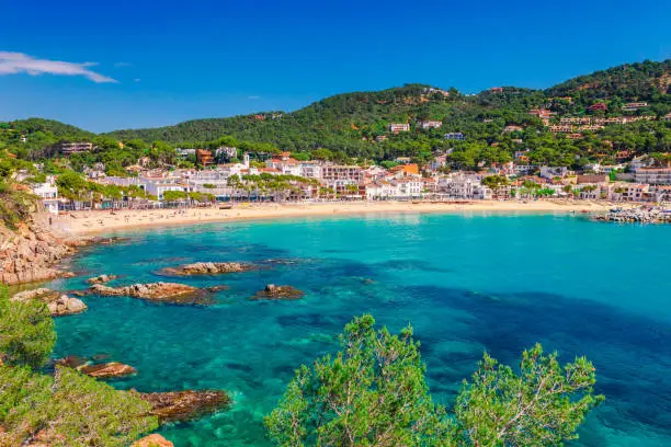 Photo of Sea landscape Llafranc near Calella de Palafrugell, Catalonia, Barcelona, Spain. Scenic old town with nice sand beach and clear blue water in bay. Famous tourist destination in Costa Brava