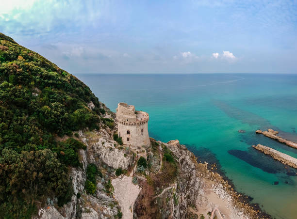 Panoramic landscape with ancient tower in Sabaudia, Lazio, Italy. Scenic resort town village with nice sand beach and clear blue water. Famous tourist destination in Riviera de Ulisse Panoramic landscape with ancient tower in Sabaudia, Lazio, Italy. Scenic resort town village with nice sand beach and clear blue water. Famous tourist destination in Riviera de Ulisse sabaudia stock pictures, royalty-free photos & images