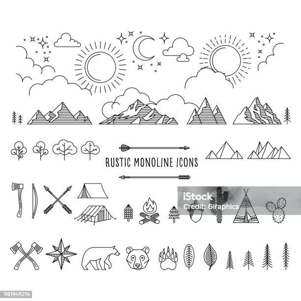 素朴なモノライン セット - 山のベクターアート素材や画像を多数ご用意 - 山, キャンプする, ロゴマーク