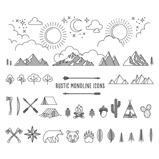 소박한 monoline 세트 - outline hiking woods forest stock illustrations