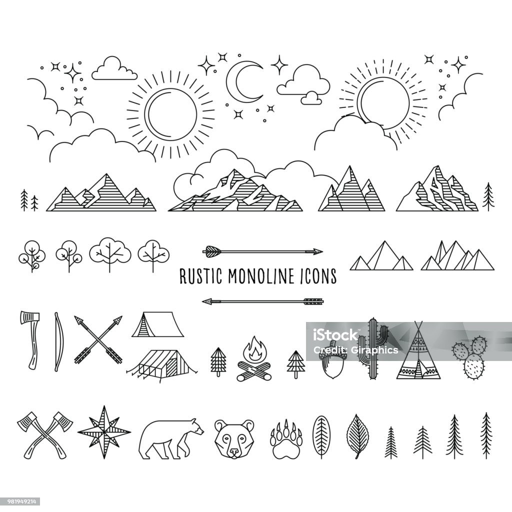 Rustic Monoline Set Huge set of rustic monoline icon designs depicting nature and the great outdoors. Mountain stock vector