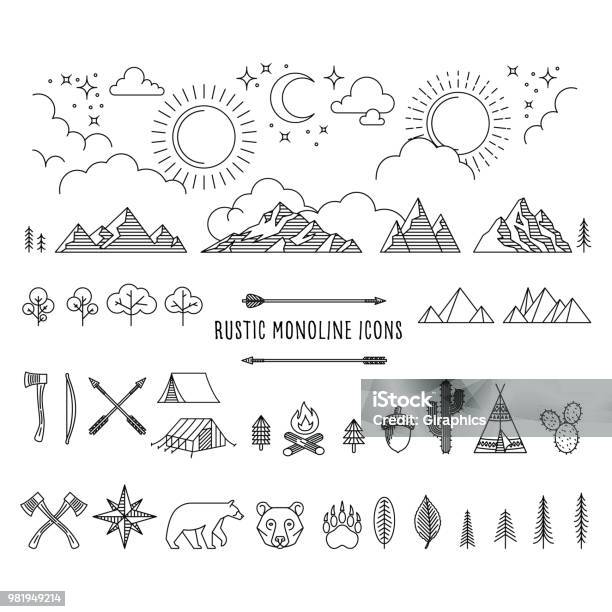 Rustic Monoline Set Stock Illustration - Download Image Now - Mountain, Camping, Illustration