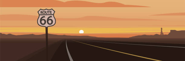 ilustraciones, imágenes clip art, dibujos animados e iconos de stock de camino y ruta 66 signo y escena puesta de sol - scenics highway road backgrounds