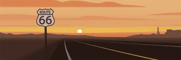 Vector illustration of Road and Route 66 Sign and Sunset Scene