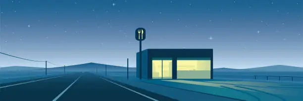 Vector illustration of Lonely Road and Restaurant at Night Scene