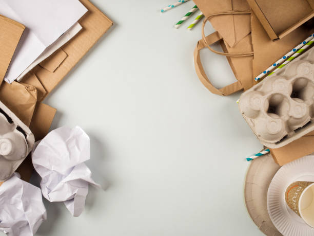 wastepaper and products made from recycled paper: disposable tableware, package, box, cardboard, egg packaging, envelope, toilet paper. concept: environmental protection, nature conservation, recycle. top view, copy space