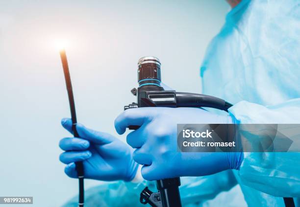 Endoscopy At The Hospital Doctor Holding Endoscope Before Gastroscopy Stock Photo - Download Image Now
