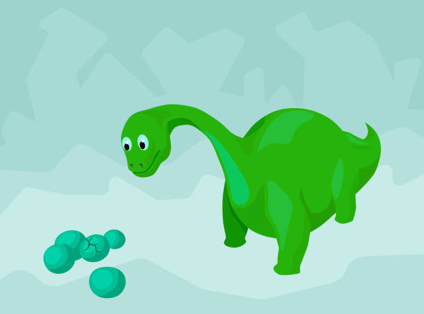 cartoon dinosaur looking at a batch of eggs vector art illustration