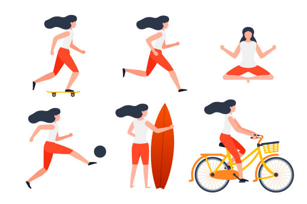 vektor-set, mädchen in verschiedenen sommeraktivitäten - white background yoga exercising women stock-grafiken, -clipart, -cartoons und -symbole