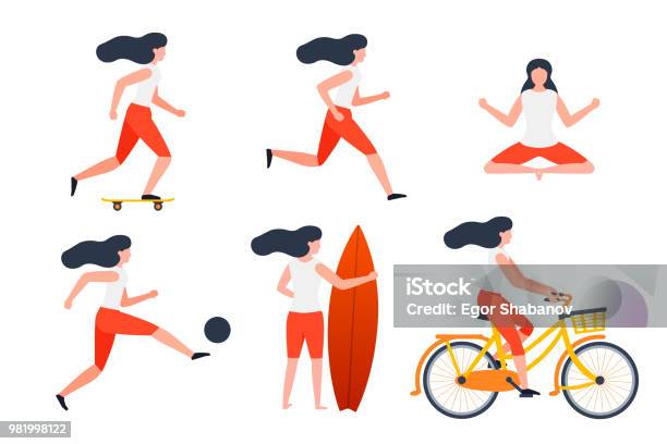 Vector Set Girls In Different Summer Activities Stock Illustration - Download Image Now - Running, Cycling, Teenage Girls