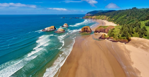 panorama aérien tourné à environ 350 pieds au-dessus du cannon beach à la recherche de vers ecola state park un jour de ciel bleu ensoleillé sur la côte de l’oregon - green sky water wave photos et images de collection