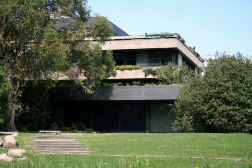 Whipsnade, United Kingdom – December 26, 2022: The old elephant house at Whipsnade Zoo designed in 1935 by  Berthold Lubetkin.