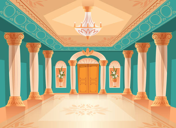 illustrazioni stock, clip art, cartoni animati e icone di tendenza di illustrazione vettoriale della sala da ballo o della sala reale del palazzo - palace