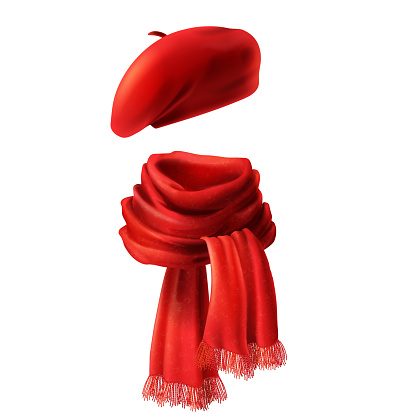 Vector 3d realistic silk red scarf and headwear - french hat, beret. Knitted fabric cloth, alpaca wool for winter. Scarlet velvet textile, cashmere unisex knitwear isolated on white background