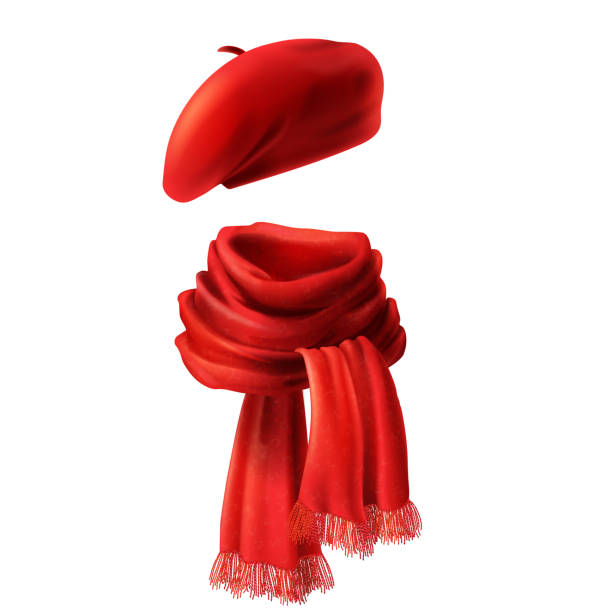 Vector 3d realistic red scarf and beret Vector 3d realistic silk red scarf and headwear - french hat, beret. Knitted fabric cloth, alpaca wool for winter. Scarlet velvet textile, cashmere unisex knitwear isolated on white background beret stock illustrations