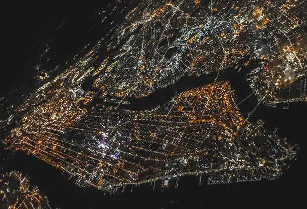 Aerial view, airplane, New York city, night view