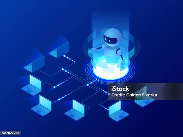 Isometric Concept Of Artificial Intelligence Controls Computers Or Internet Digital Network Chatbot Video Broadcast Stories Smm Promotion Online Analytics Technology Web Virtual Background Stock Illustration - Download Image Now