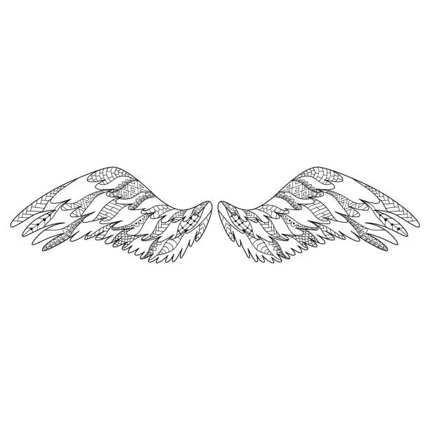 Vector illustration of Angel or bird wings ornate silhouette. Vector illustration isolated on white background. Coloring book page for adult.