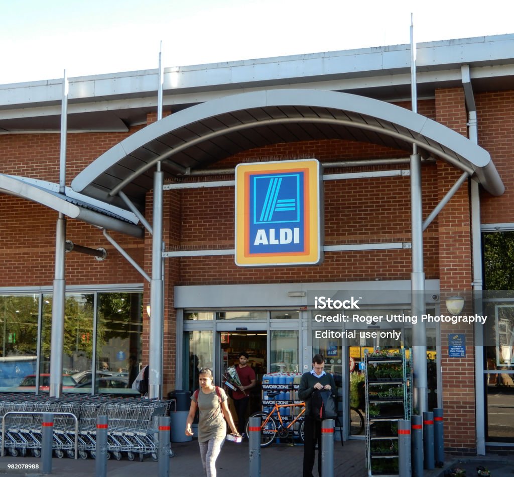 Aldi Supermarket Entrance at The Station Shopping Park Reading, United Kingdom - June 21 2018:   Aldi Supermarket Entrance at The Station Shopping Park Aldi Stock Photo