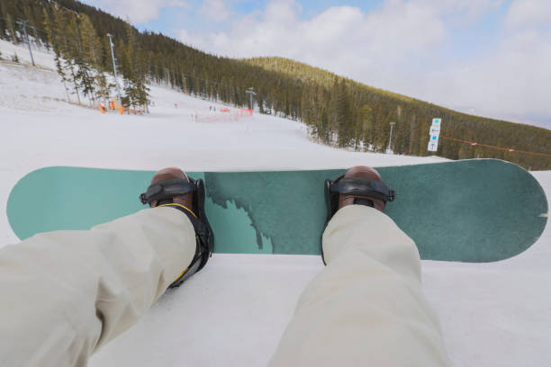 istock Closeup of woman's ski boots in a snowboard 982090538