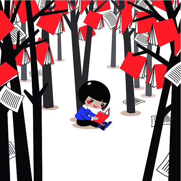 Vector illustration of Child in the Woods of Books.