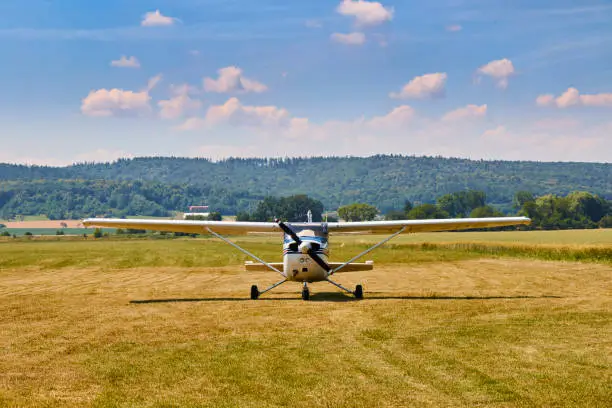 Photo of Front view of Cessna 172 airplane standing on grass field with blue cloudy sky on the background.