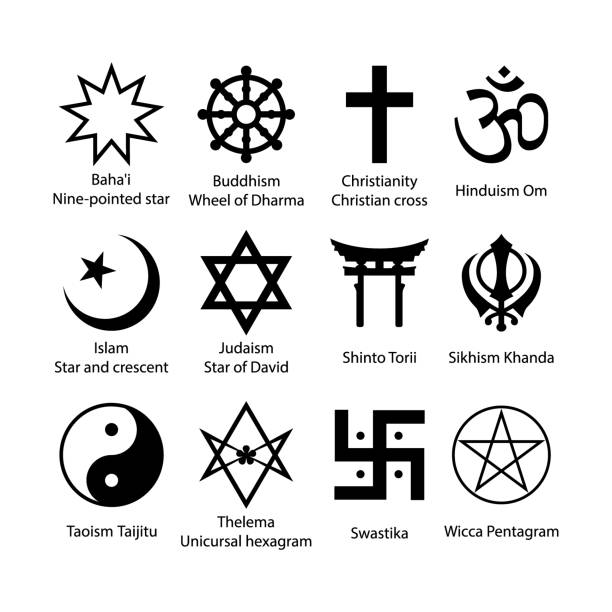 illustrazioni stock, clip art, cartoni animati e icone di tendenza di set di simboli religiosi. la religione firma un semplice set di icone nere. - khanda