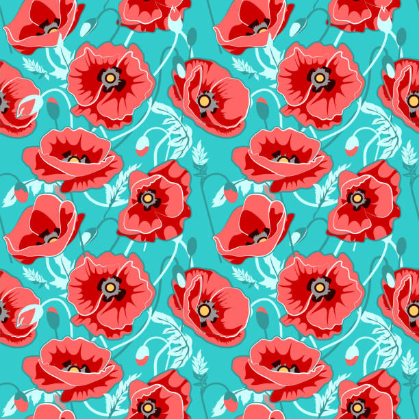 nahtlose muster, rote mohnblumen, vektor-illustration zu pflanzen - red pattern poppy plant stock-grafiken, -clipart, -cartoons und -symbole