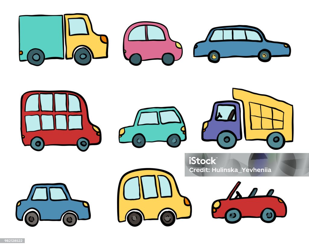 Big Set Of Hand Drawn Cute Cartoon Cars For Kids Design Vector Illustration  For Wrapping Package Poster Web Design Kids Fabric Textile Nursery Wallpaper  Set Of Cartoon Cars Truck Bus Stock Illustration -