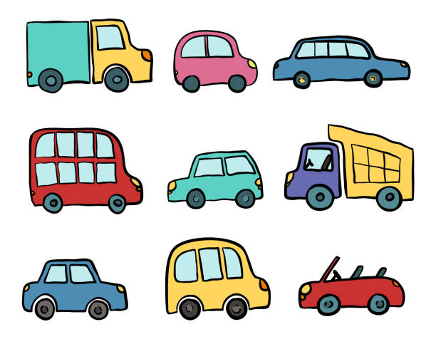 Big Set Of Hand Drawn Cute Cartoon Cars For Kids Design Vector Illustration  For Wrapping Package Poster Web Design Kids Fabric Textile Nursery  Wallpaper Set Of Cartoon Cars Truck Bus Stock Illustration -