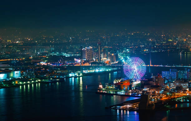 vista aérea de la zona de puerto de la bahía de osaka - amusment park fotografías e imágenes de stock