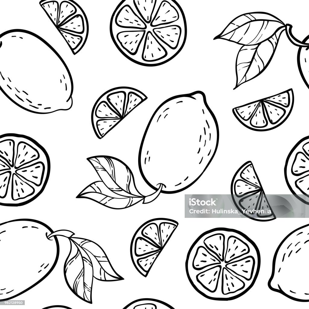 Beautiful black and white seamless doodle pattern with cute doodle lemons sketch. Hand drawn trendy background. design background greeting cards, invitations, fabric and textile. Lemon - Fruit stock vector