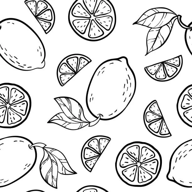 Vector illustration of Beautiful black and white seamless doodle pattern with cute doodle lemons sketch. Hand drawn trendy background. design background greeting cards, invitations, fabric and textile.