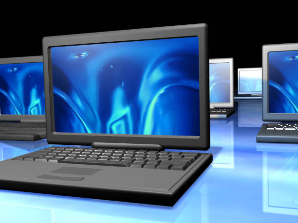 istock Five laptops with blue abstract images on their screens 98213786