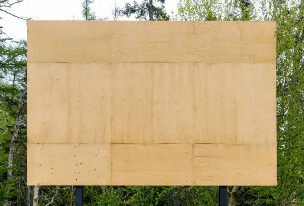 A blank wooden billboard at the side of a highhway. Trees behind the billboard, and sky is overcast. The billboard is made of plywood panels. Closeup view.