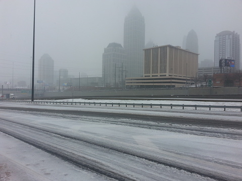 ice storm in Atlanta, Georgia, empty snow filled highway