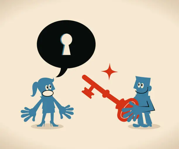 Vector illustration of Businessman holding a key unlocking businesswoman mind, speech bubble with keyhole