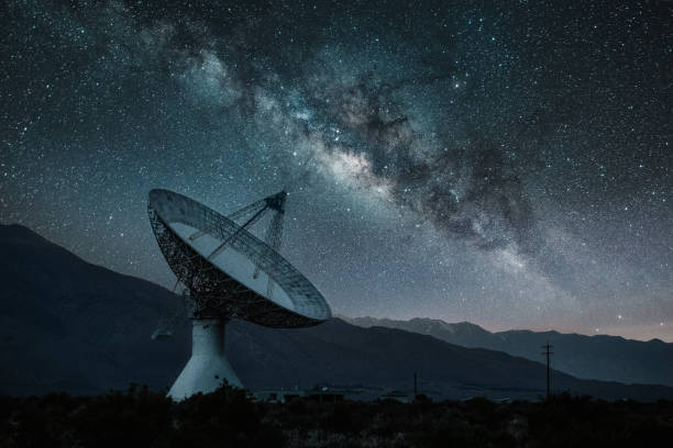Radio Telescope Observatory under starry night Milky way rising behind Radio Telescope Observatory observatory photos stock pictures, royalty-free photos & images