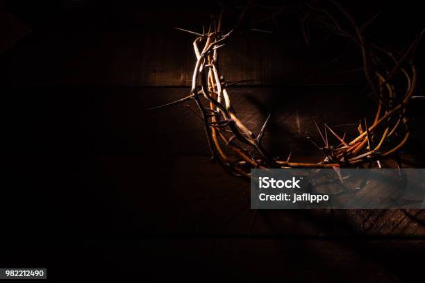 A Crown Of Thorns On A Wooden Background Easter Theme Stock Photo - Download Image Now