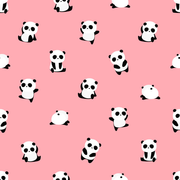 光ピンク/ローズの背景にシームレスなベクトル パターン: パンダ模様。小さなパンダの異なったしぐさ。 - パンダ点のイラスト素材／クリップアート素材／マンガ素材／アイコン素材