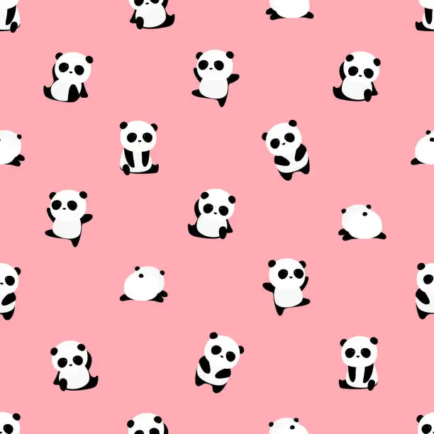 Vector illustration of Seamless Vector Pattern: panda bear pattern on light pink / rose background. Small pandas with different gestures.