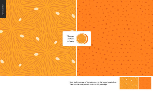 Food patterns, fruit, orange Food patterns, summer - fruit, orange texture, small half of an orange image in the center - two seamless patterns of the orange pulp full of white seeds and rind with little holes, orange background fruit designs stock illustrations