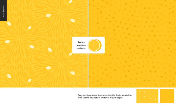 Food patterns, fruit, lemon Food patterns, summer - fruit, lemon texture, small half of lemon image in the center -two seamless patterns of lemon sour pulp full of white seeds and yellow rind with little holes, yellow background citrus stock illustrations