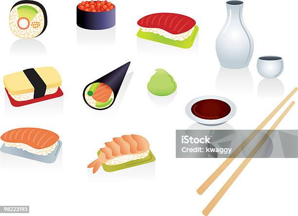 Vários Sushi - Arte vetorial de stock e mais imagens de Molho de Soja - Molho de Soja, Abacate, Arroz - Alimento Básico