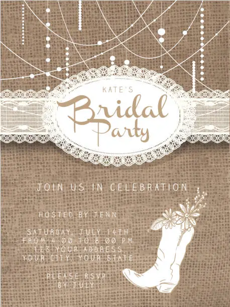 Vector illustration of String beads design invitation template with rustic burlap background
