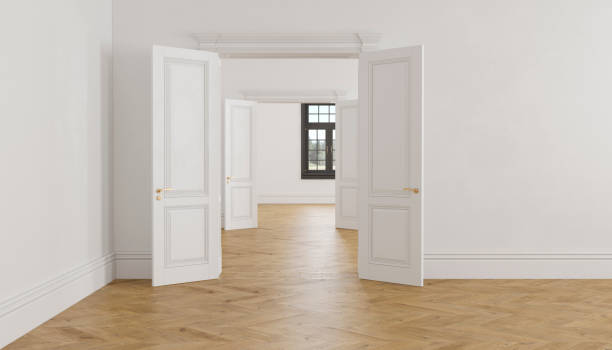 istock Classic scandinavian white empty interior with open doors, parquet and window. 982265476