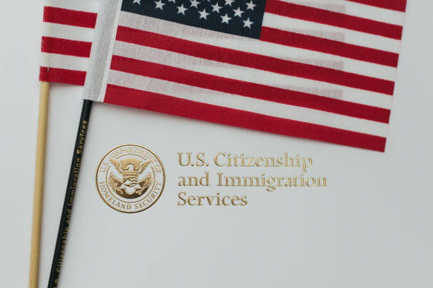 Immigration and Citizenship Gold Embossed Logo Immigration packed with American flags department of homeland security stock pictures, royalty-free photos & images