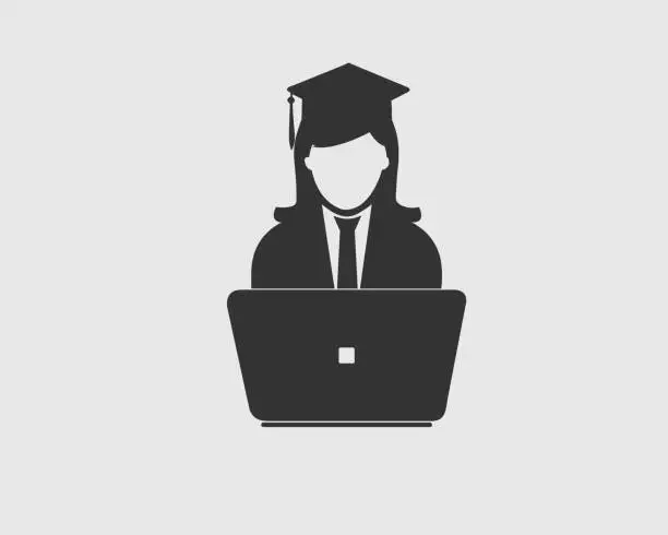 Vector illustration of Online learning Icon. Female symbol behind Laptop