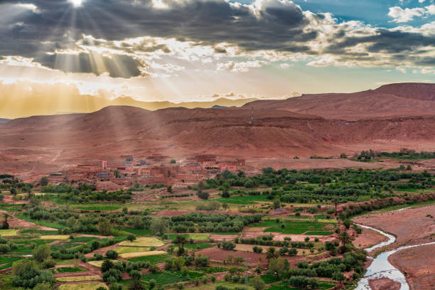 Sunbeams over desert oasis in Morocco