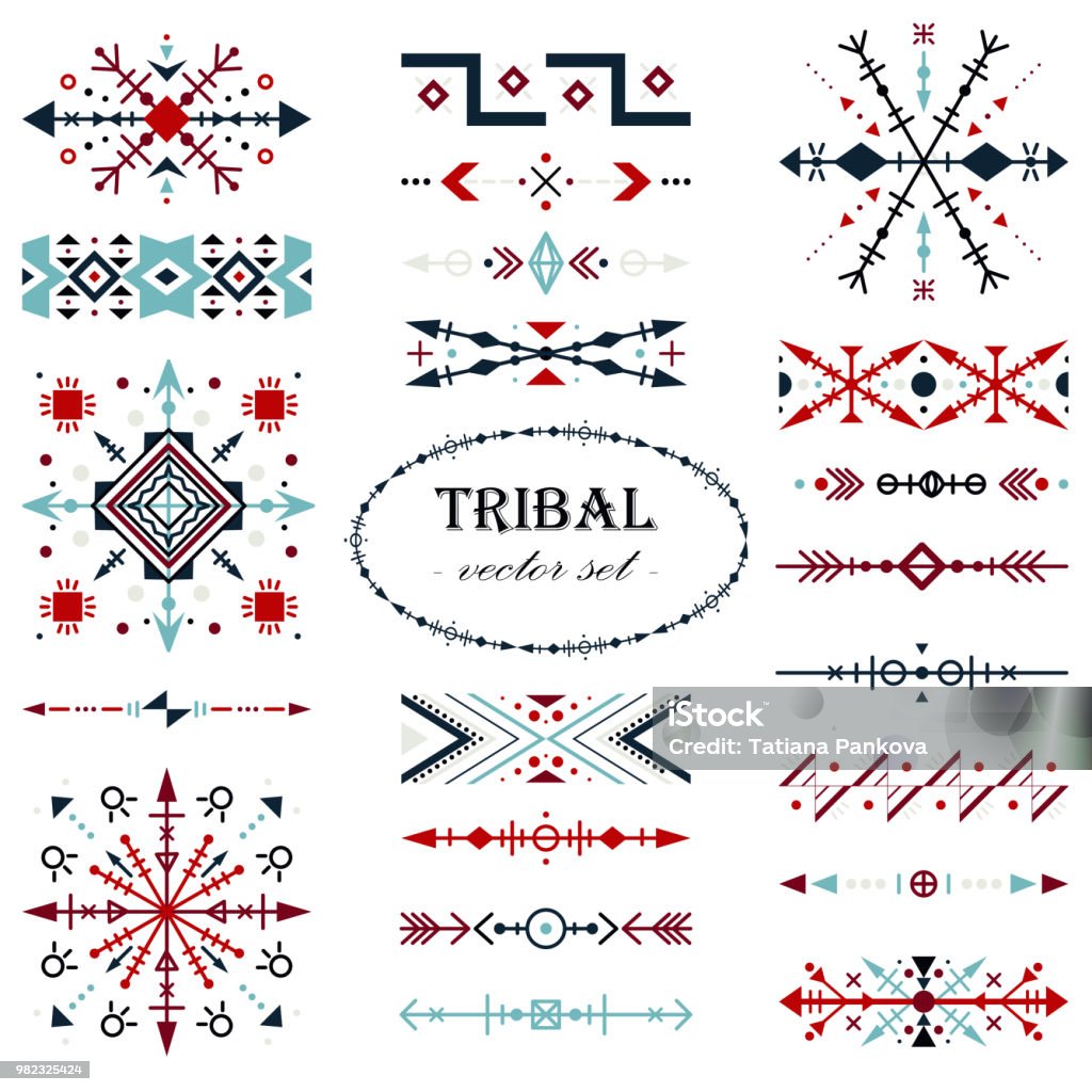 Conjunto de vetor tradicional colorido. Escova consta no estilo tribal. - Vetor de Tribo Norte-Americana royalty-free